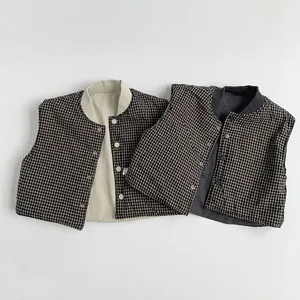 Kids reversible plaid puffer vest with stand collar and snap buttons in Korean style