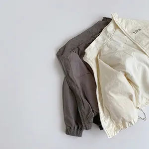 Kids vintage casual windbreaker jackets in grey-brown and beige with zipper high neck