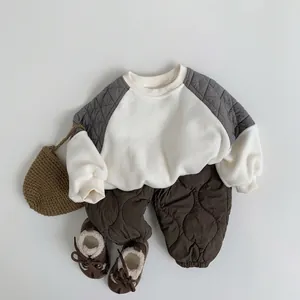 Kids lightweight quilted thermal pants and sweatshirt set for winter in Korean style