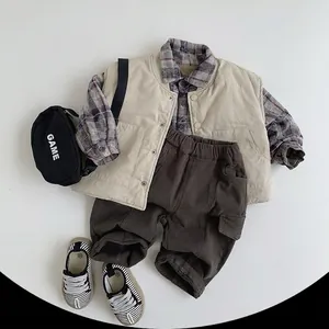 Kids reversible plaid vest with beige jacket and brown cargo pants 3-piece set outfit
