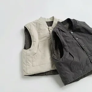 Korean Style Kids Quilted Warm Vest Reversible Cotton Plated Checked Pocket Single Breasted Thickened Autumn Winter Toddler Outerwear Clothes Gilet