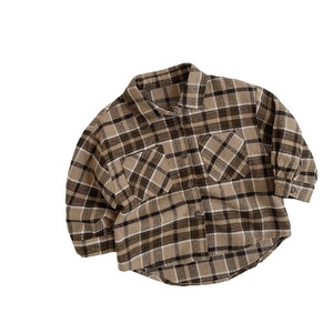Classic brown plaid long sleeve flannel shirt for kids with dual chest pockets