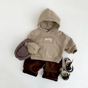 Kids warm fleece beige hoodie with letter patch and brown cargo pants casual outfit set