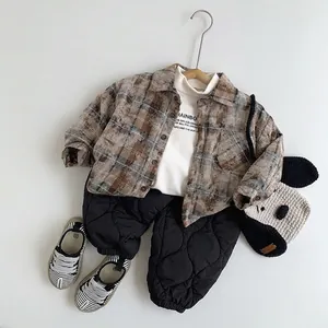 Kids plaid fleece-lined shirt 3-piece set with white turtleneck and quilted pants