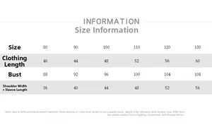 Size chart table for children padded cotton jacket showing length and bust measurements