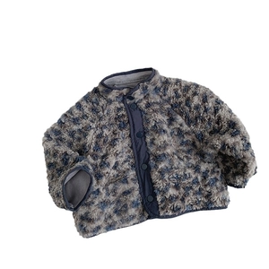 Kids warm leopard print faux fur jacket in grey-blue with front button closure