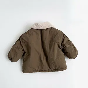 Winter children's vintage brown padded coat with white faux shearling collar for kids