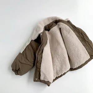 Olive green kids padded jacket with fleece lining and stand collar in flat lay view