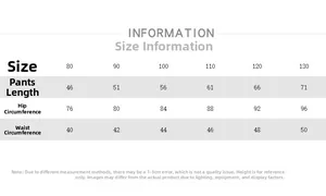Detailed size chart for kids lightweight cotton trousers including length and waist data