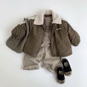 Harajuku style children's brown fleece jacket set with cream lining and matching accessories