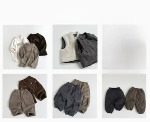 Collage of kids winter outfits featuring quilted jackets, vests and warm cotton trousers
