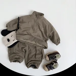 Kids khaki fleece cargo pants set with half-zip top and stylish casual outdoor trousers