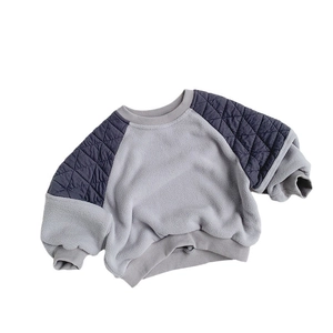 Kids light grey fleece sweatshirt with dark grey quilted shoulder patches and ribbed cuffs