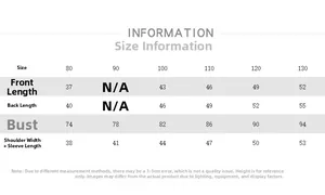 Detailed size chart for kids padded cotton shirts including bust and length measurements