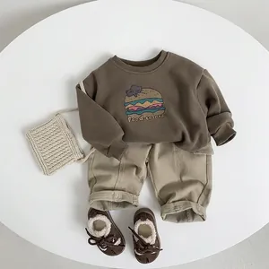Kids warm fleece sweatshirt and khaki pants outfit set with cartoon burger print