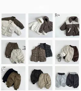 Neutral earth-toned winter outfit collection featuring quilted vests and knit pants