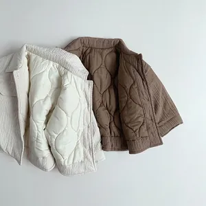 Kids padded cotton shirt jacket with quilted lining and corduroy texture for winter