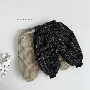 Close-up of winter corduroy joggers for children with ribbed cuffs and elastic waist