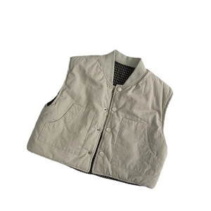 Quilted kids' winter vest with ribbed baseball collar and plaid lining in beige coffee