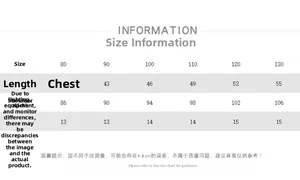Size chart showing length, bust, and shoulder measurements for kids winter vest