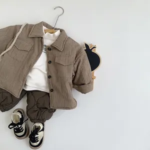 Kids quilted shirt jacket set with striped brown outerwear and padded trousers