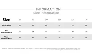 Size chart for children warm padded pants with length, hip, and waist measurements in cm