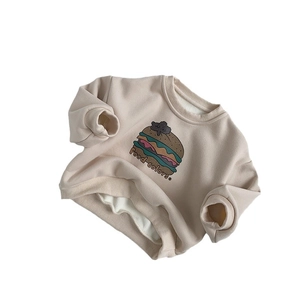 Fleece-lined beige kids sweatshirt with colorful hamburger cartoon print and ribbed cuffs