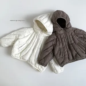 Detailed flat lay of lightweight hooded puffer jackets in cream and dark brown colors