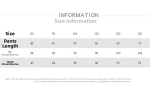 Detailed size chart for children's fleece pants showing length, hip, and waist measurements