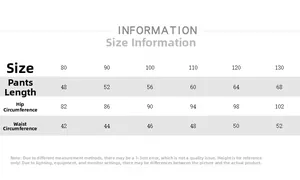 Detailed size chart for kids knitted wide leg pants showing length, waist, and hip measurements