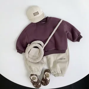 Minimalist kids retro thick fleece sweatshirt and pants outfit with matching accessories