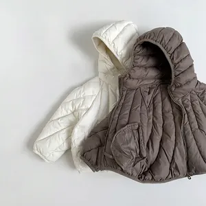 Kids lightweight quilted down jackets in beige and taupe colors with hooded design