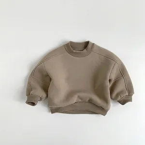 Detailed view of the ribbed neckline and shoulder seams of a thick fleece-lined sweatshirt