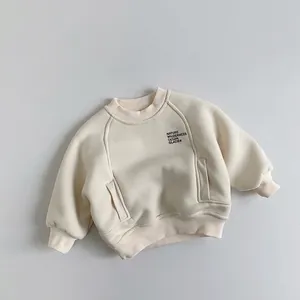 Detailed view of cream fleece lined sweatshirt with nature wilderness ocean glacier text