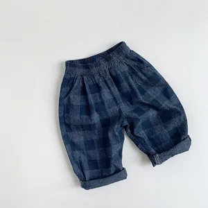 Pantalons en Denim à Carreaux pour Enfants Garçons Filles Taille Élastique Coton Décontracté Style Coréen Vêtements Doux