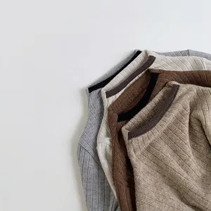 Kids' winter knit ribbed sweater in earthy tones with contrast crew neck trim