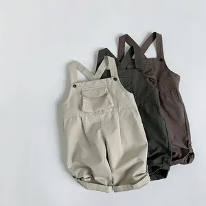 Kids Cotton Bib Overalls Korean Style Adjustable Strap Jumpsuit Casual Solid Color Pocket Trousers For Boys Girls