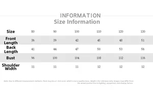 Detailed size chart for kids vest including length, chest and shoulder measurements