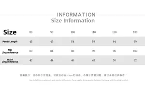 Size chart for kids cargo pants detailing length, hip, and waist across sizes 80-130