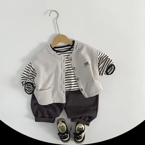 Three-piece casual outfit for kids with grey vest, striped shirt, and joggers set
