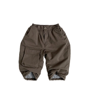 Winter thermal cargo pants for kids in dark brown with quilted lining and elastic waist