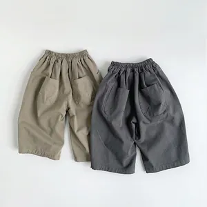Pantalon large décontracté pour enfants en coton kaki et gris avec taille élastique