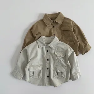 Chemise Cargo en Coton pour Enfants Chemise à Manches Longues à Boutons Top à Revers Multi Poches pour Garçons Filles Style Coréen Extérieur Top Décontracté