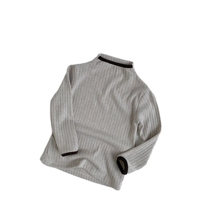 Kids grey ribbed knit sweater with dark brown contrast piping and semi-high neck collar