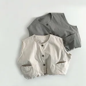 Korean Style Kids Cotton Padded Vest Sleeveless Round Neck Button Waistcoat For Boys Girls Spring Autumn Casual Outerwear