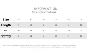 Detailed size chart for children's Japanese style jacket with length and bust measurements