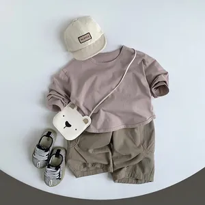 Kids morandi purple long sleeve T-shirt and khaki shorts casual outfit set