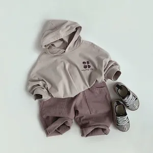 Toddler casual beige hooded sweatshirt and brown trousers set with lucky print