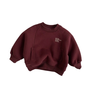 Kids warm fleece sweatshirt in deep red with white nature wilderness ocean lettering