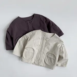 Korean Style Kids Cotton Jacket Unisex Toddler Solid Color Round Neck Outerwear With Large Pockets Spring Autumn Coat